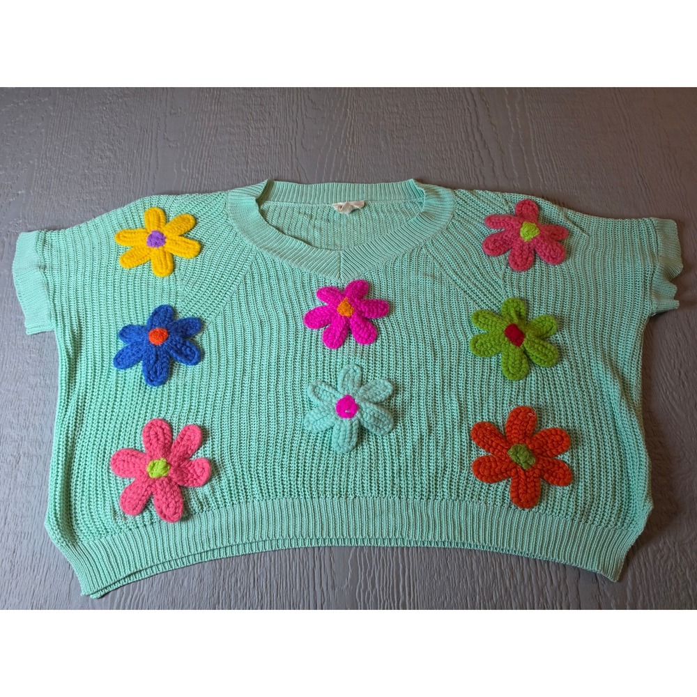 BiBi Floral Knitted Short Sleeve Sweater Mint Green 3D Crochet Flowers V-Neck M